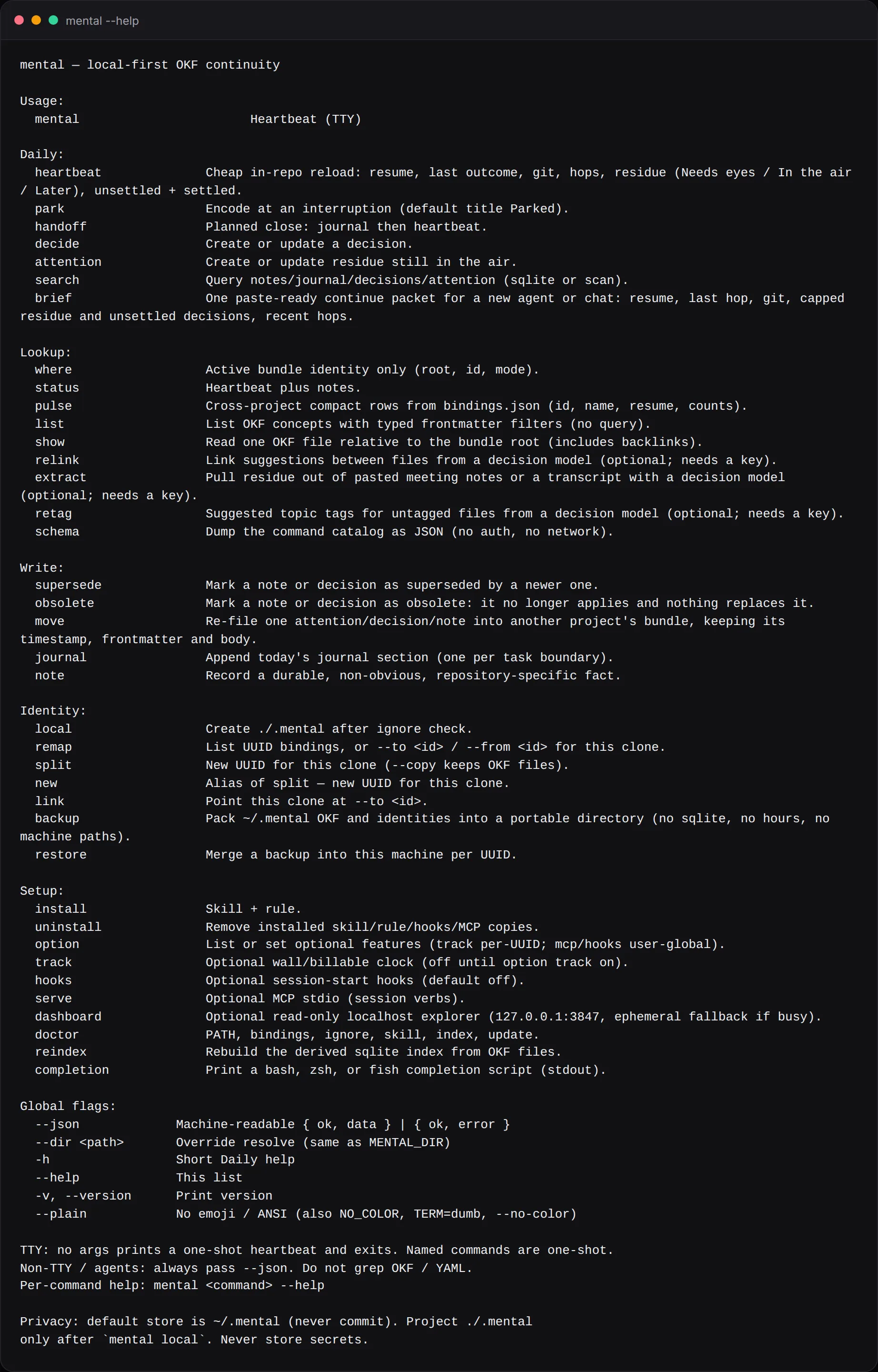 Terminal screenshot of mental --help listing daily, lookup, write, identity, and setup commands
