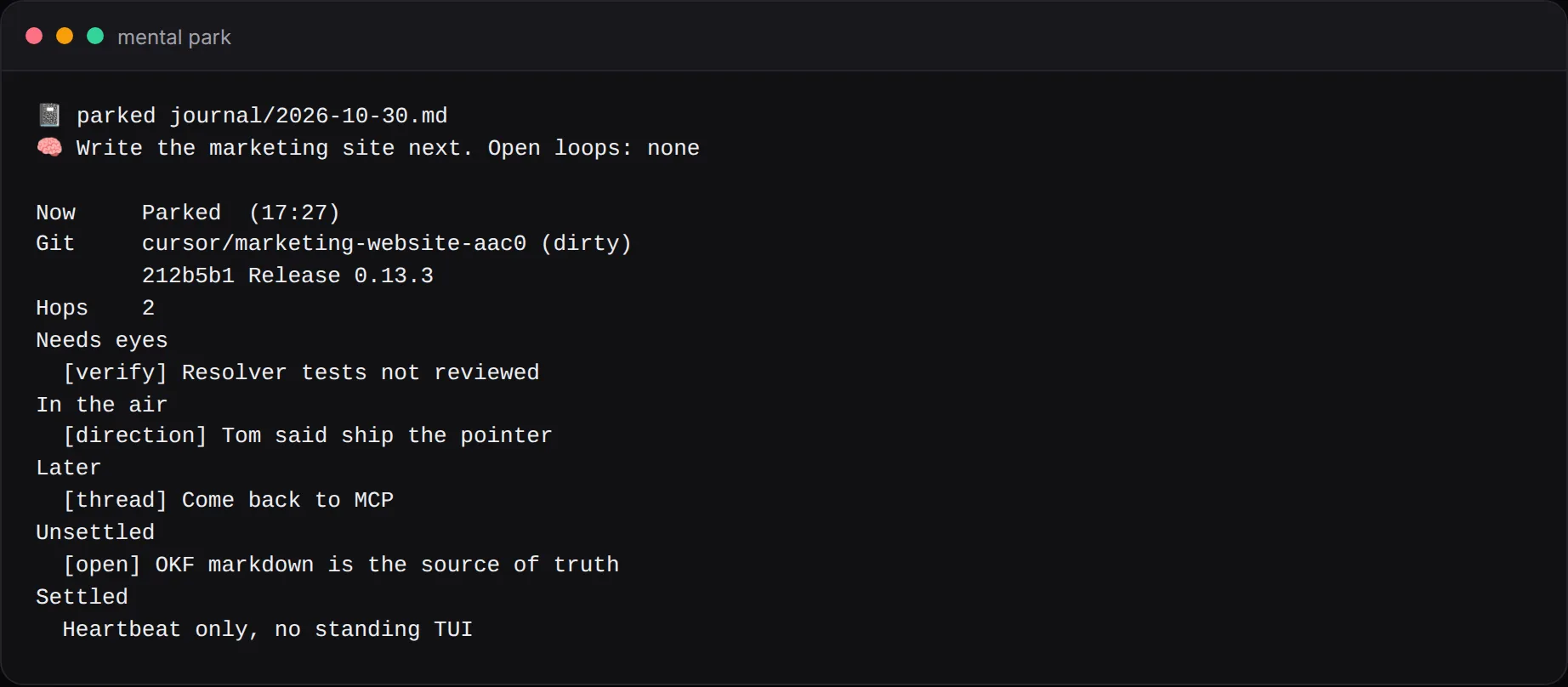 Terminal screenshot of mental park encoding an interruption and printing a heartbeat